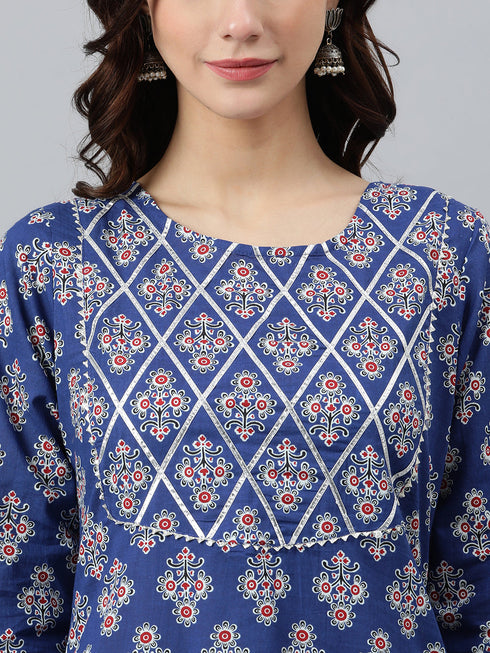 Blue Cotton Floral Print Straight Kurta